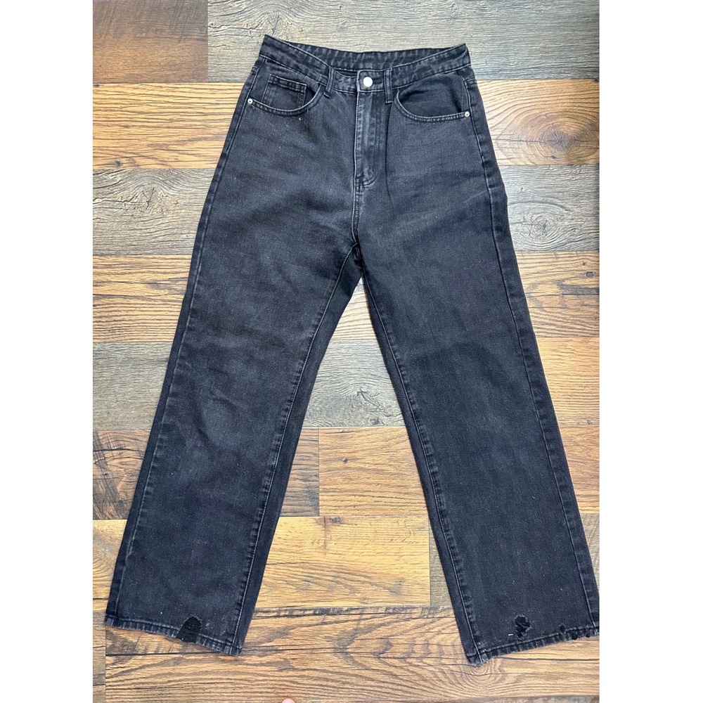 SHEIN Womens Wide Leg Jeans Washed Black High Waisted Distressed Hem Size 6 M